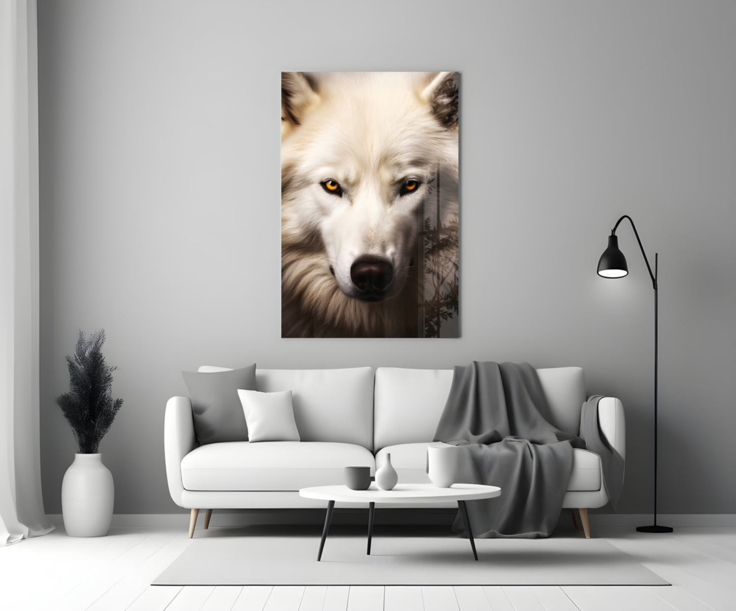 White Wolf's Gaze Glass Wall Art Portrait Print