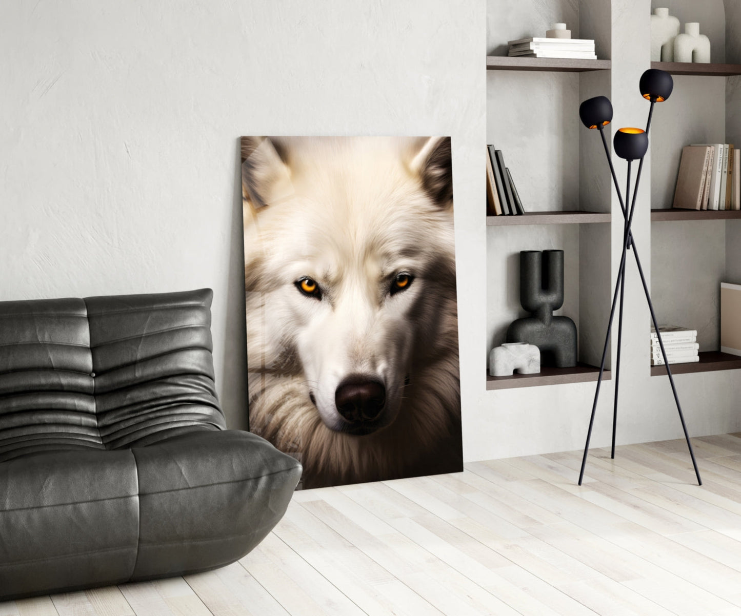 White Wolf's Gaze Glass Wall Art Portrait Print