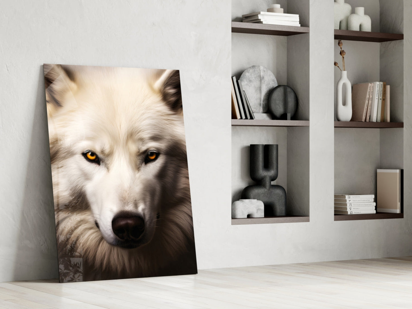 White Wolf's Gaze Glass Wall Art Portrait Print