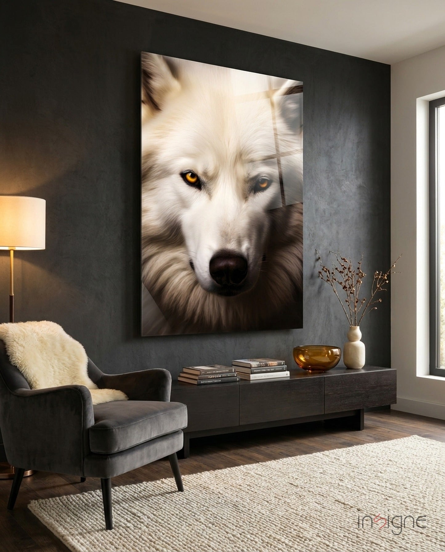 Snow-white wolf portrait with amber eyes glass wall art