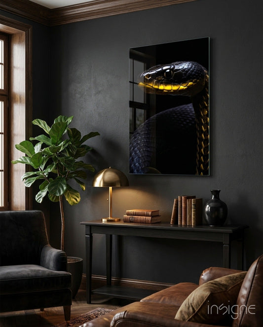 Black and yellow viper glass wall art