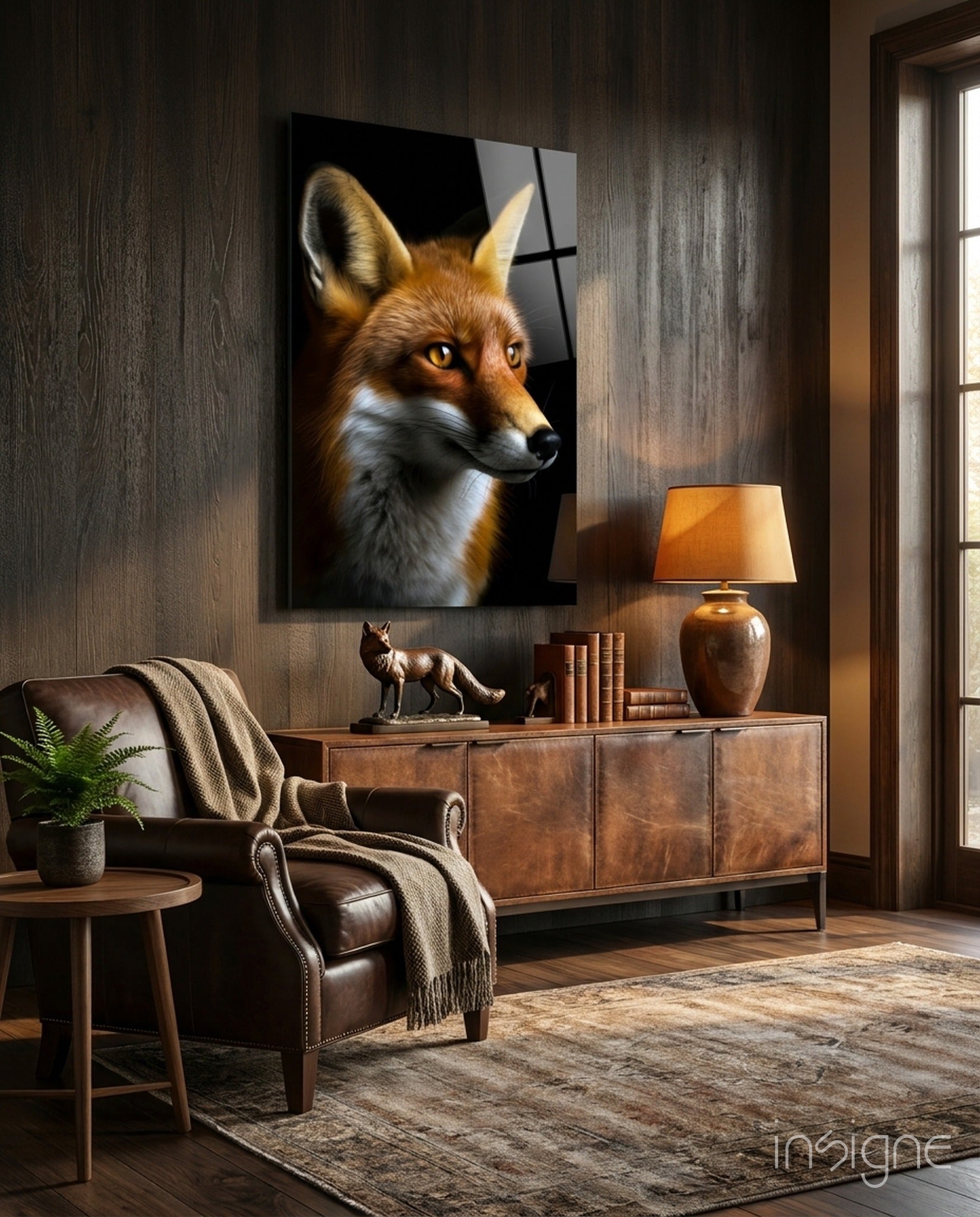 Red fox portrait glass wall art