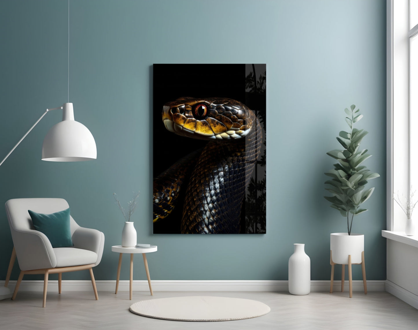 Golden-Eyed Black Snake Glass Wall Art