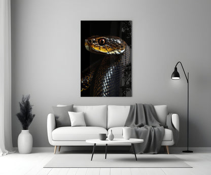 Golden-Eyed Black Snake Glass Wall Art