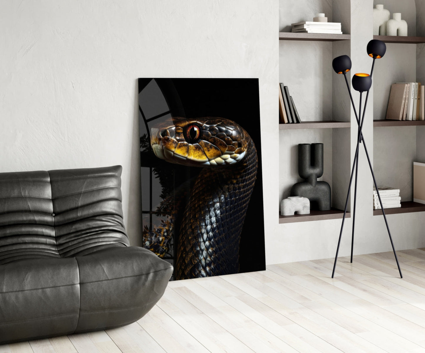 Golden-Eyed Black Snake Glass Wall Art