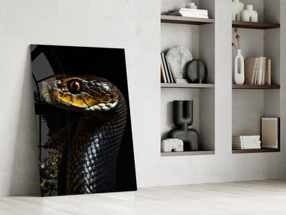 Golden-Eyed Black Snake Glass Wall Art