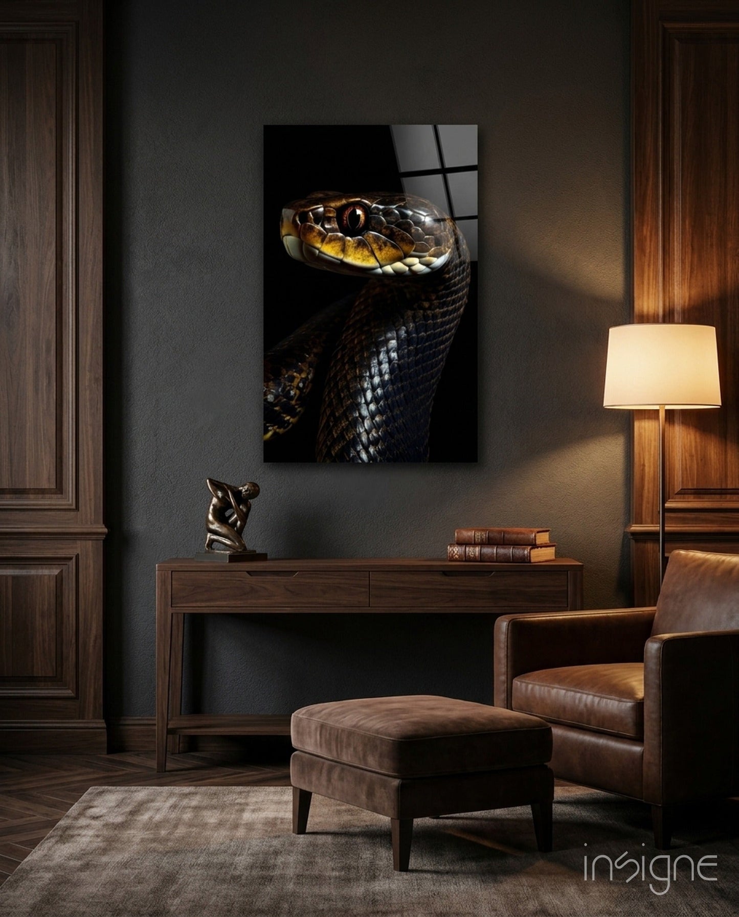 Golden-eyed black snake glass wall art