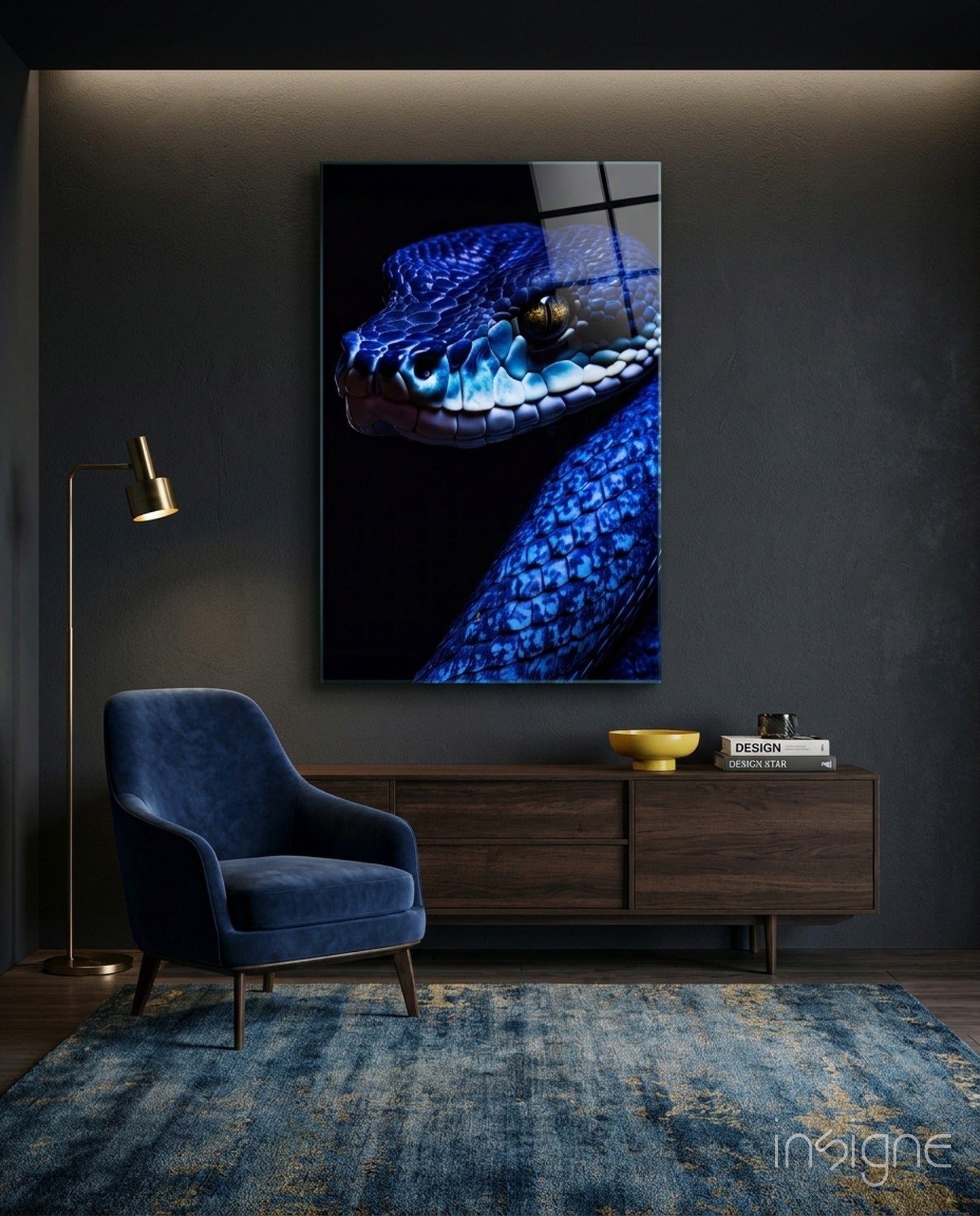 Blue viper glass wall art with glowing cobalt scales on black background