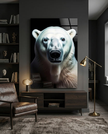 Polar bear glass wall art portrait with snow-white fur on black background
