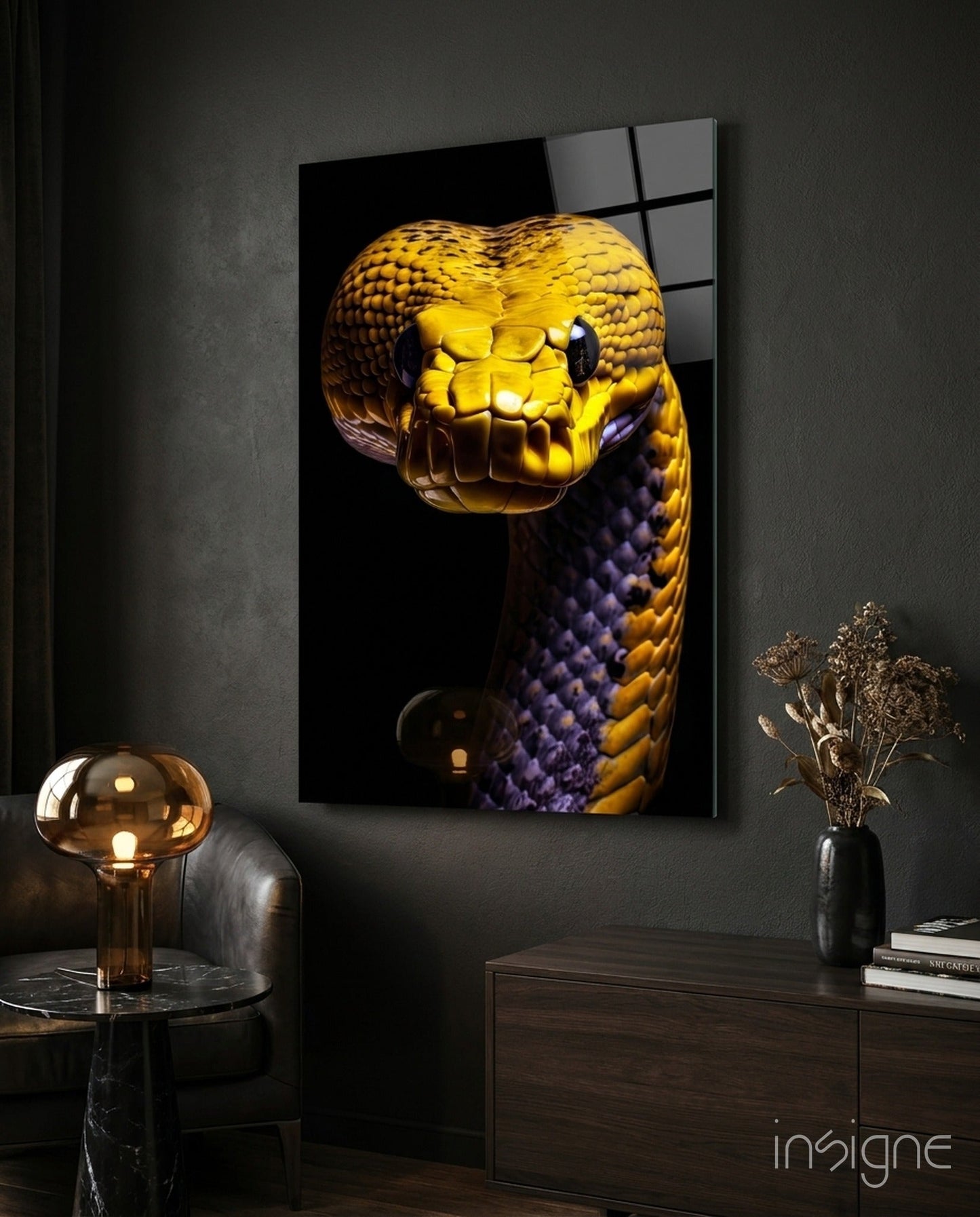 Golden yellow snake glass wall art on pure black background