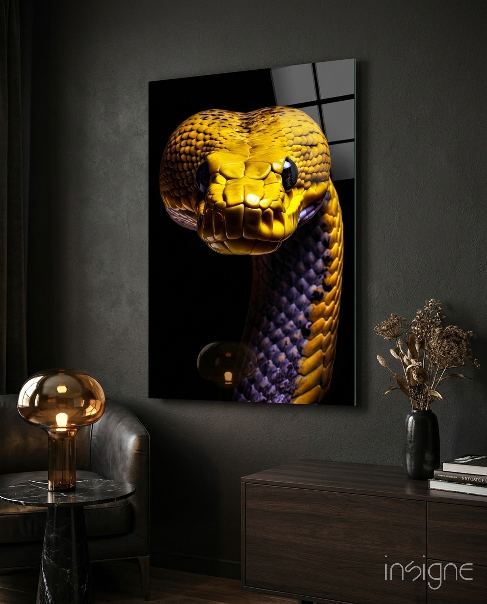 Golden yellow snake glass wall art on pure black background