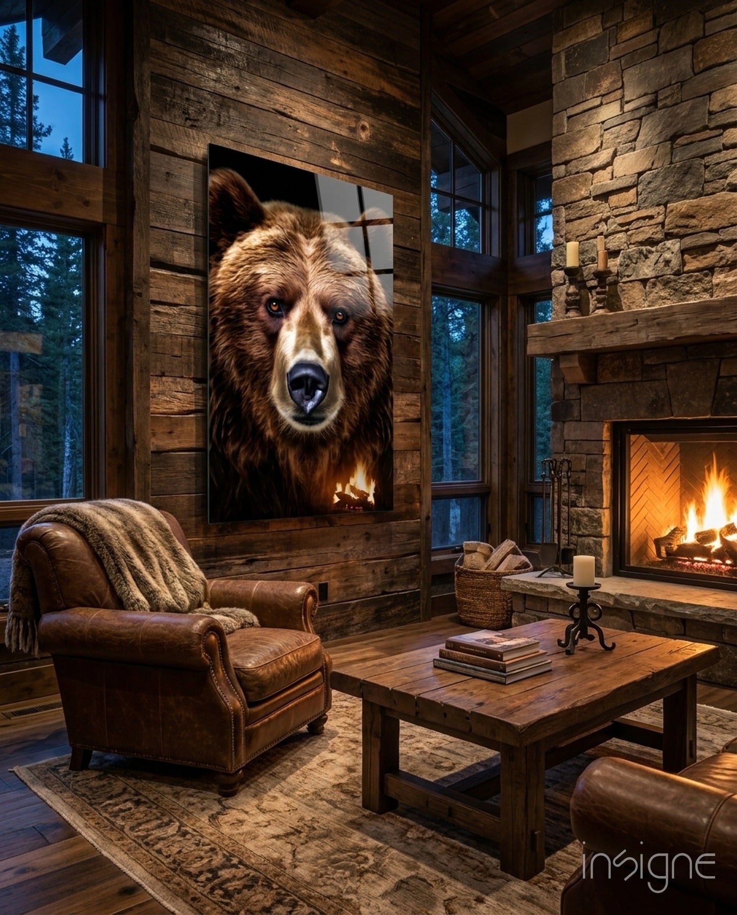Grizzly bear glass wall art portrait with chestnut fur and amber eyes