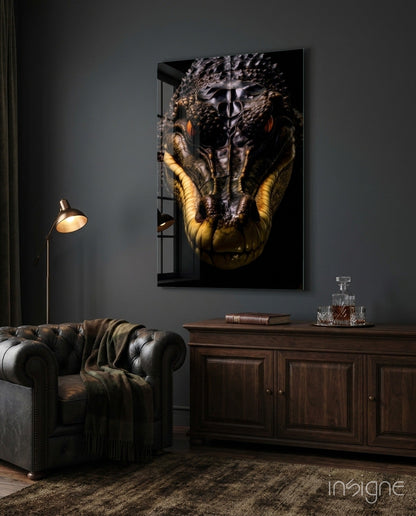 Black caiman glass wall art with tangerine eyes on black background