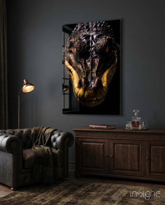 Black caiman glass wall art with tangerine eyes on black background