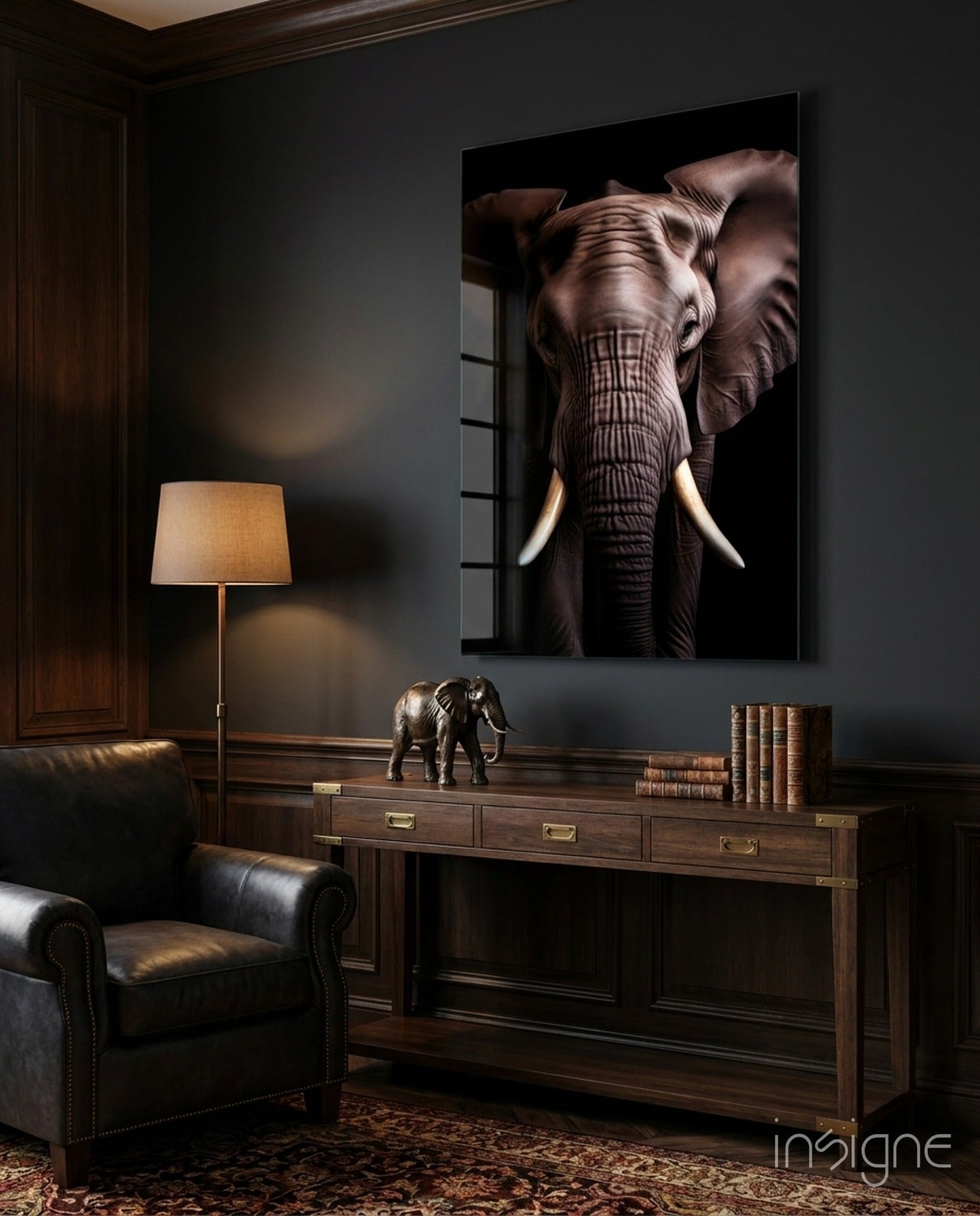 Wise elephant head-on portrait glass wall art grey hide ivory tusks tempered glass