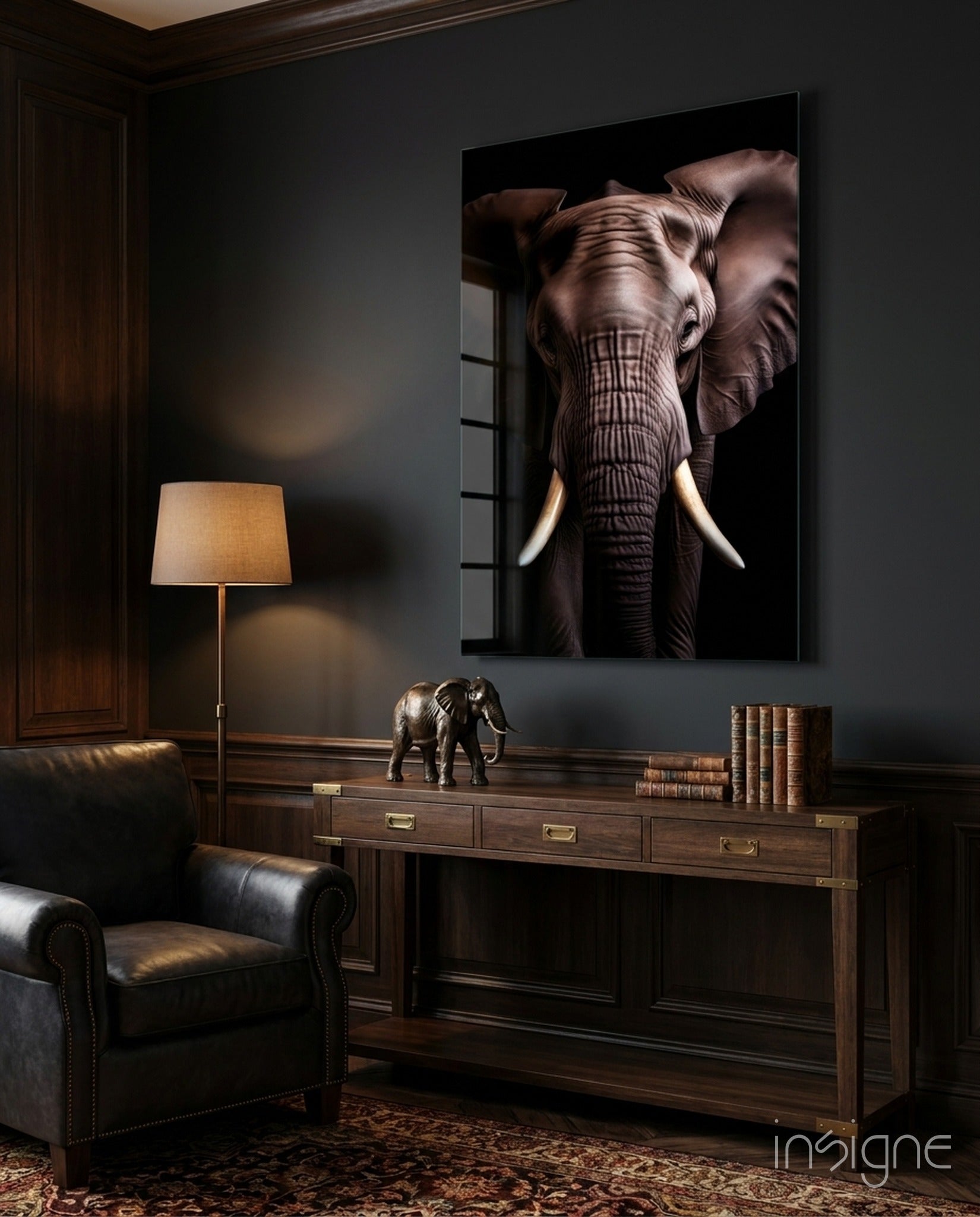 Wise elephant head-on portrait glass wall art grey hide ivory tusks tempered glass