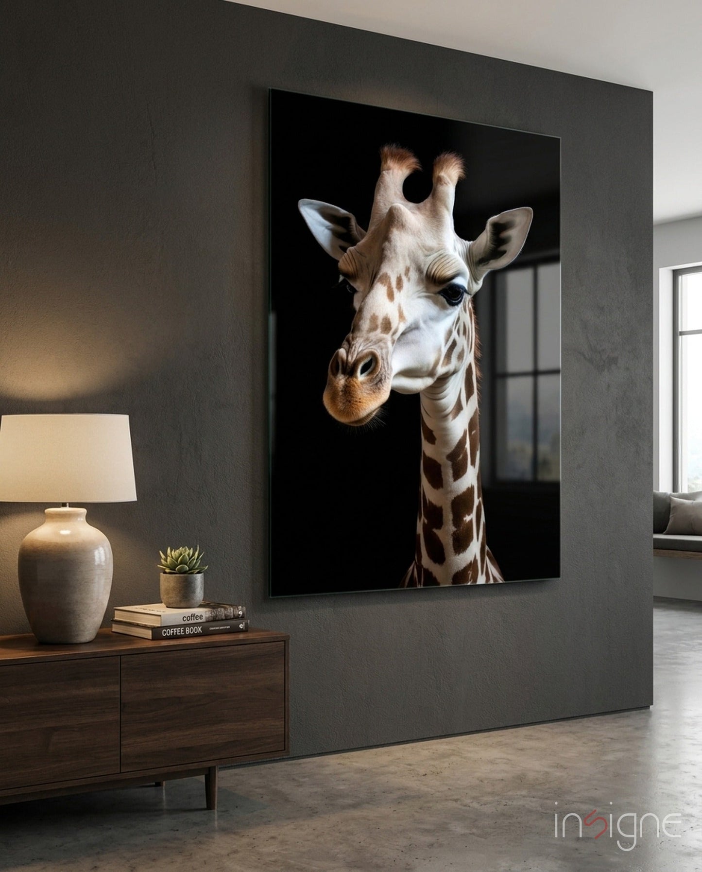 Light colored giraffe portrait glass wall art