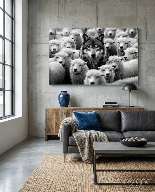Wolf in Sheep's Clothing glass wall art with cyan-eyed wolf photo