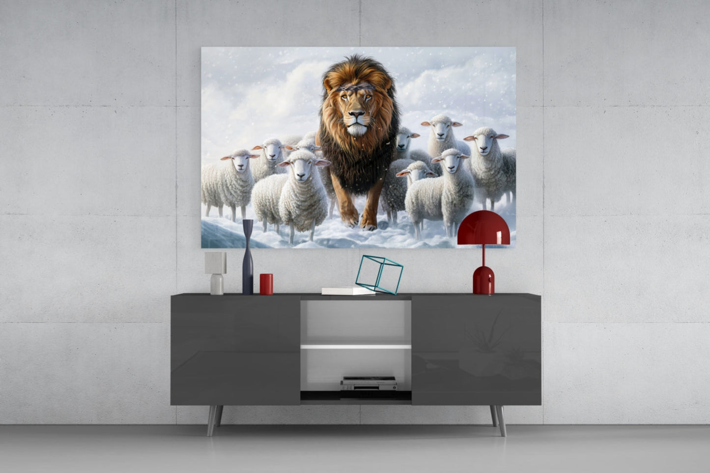 Lion and the Lambs Glass Wall Art