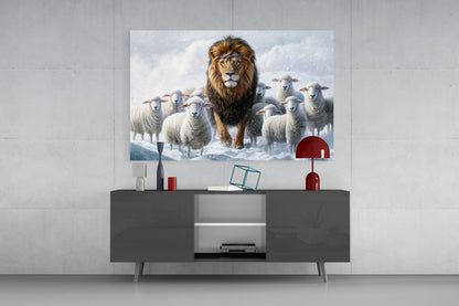 Lion and the Lambs Glass Wall Art