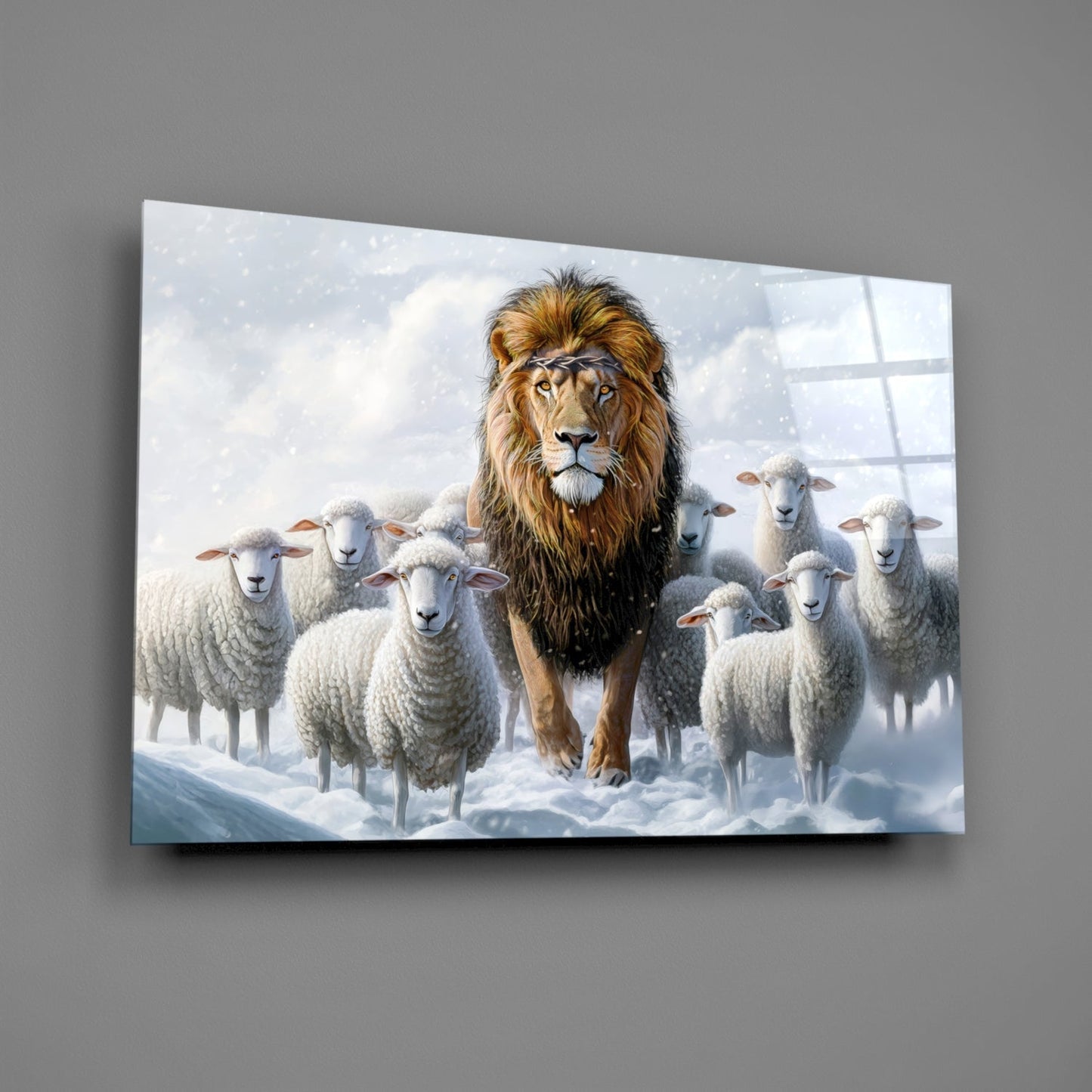 Lion and the Lambs Glass Wall Art
