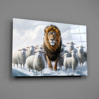 Lion and the Lambs Glass Wall Art