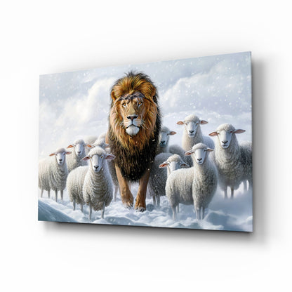 Lion and the Lambs Glass Wall Art