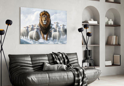 Lion and the Lambs Glass Wall Art