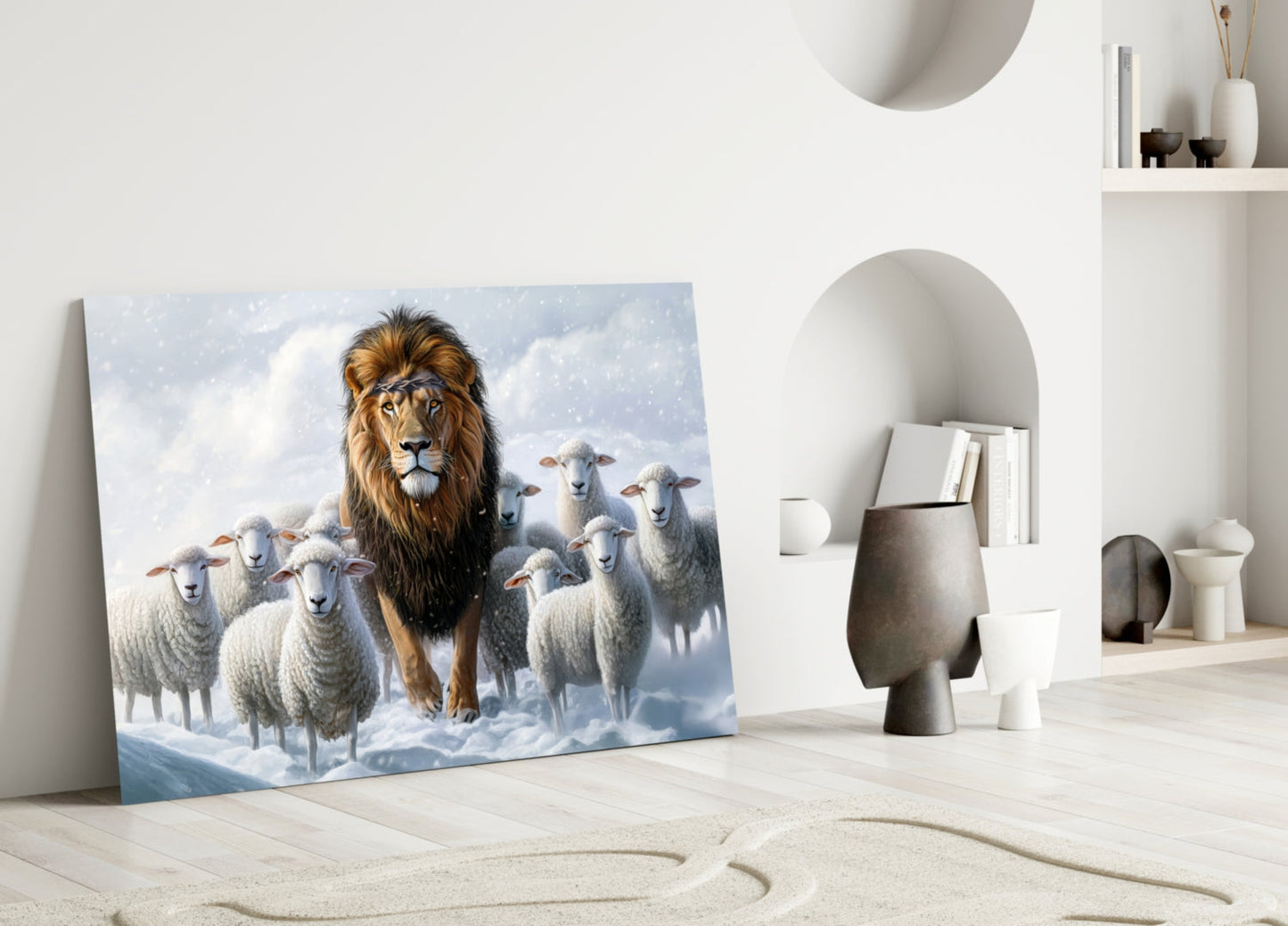 Lion and the Lambs Glass Wall Art