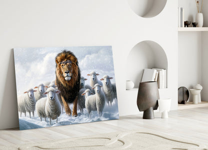 Lion and the Lambs Glass Wall Art