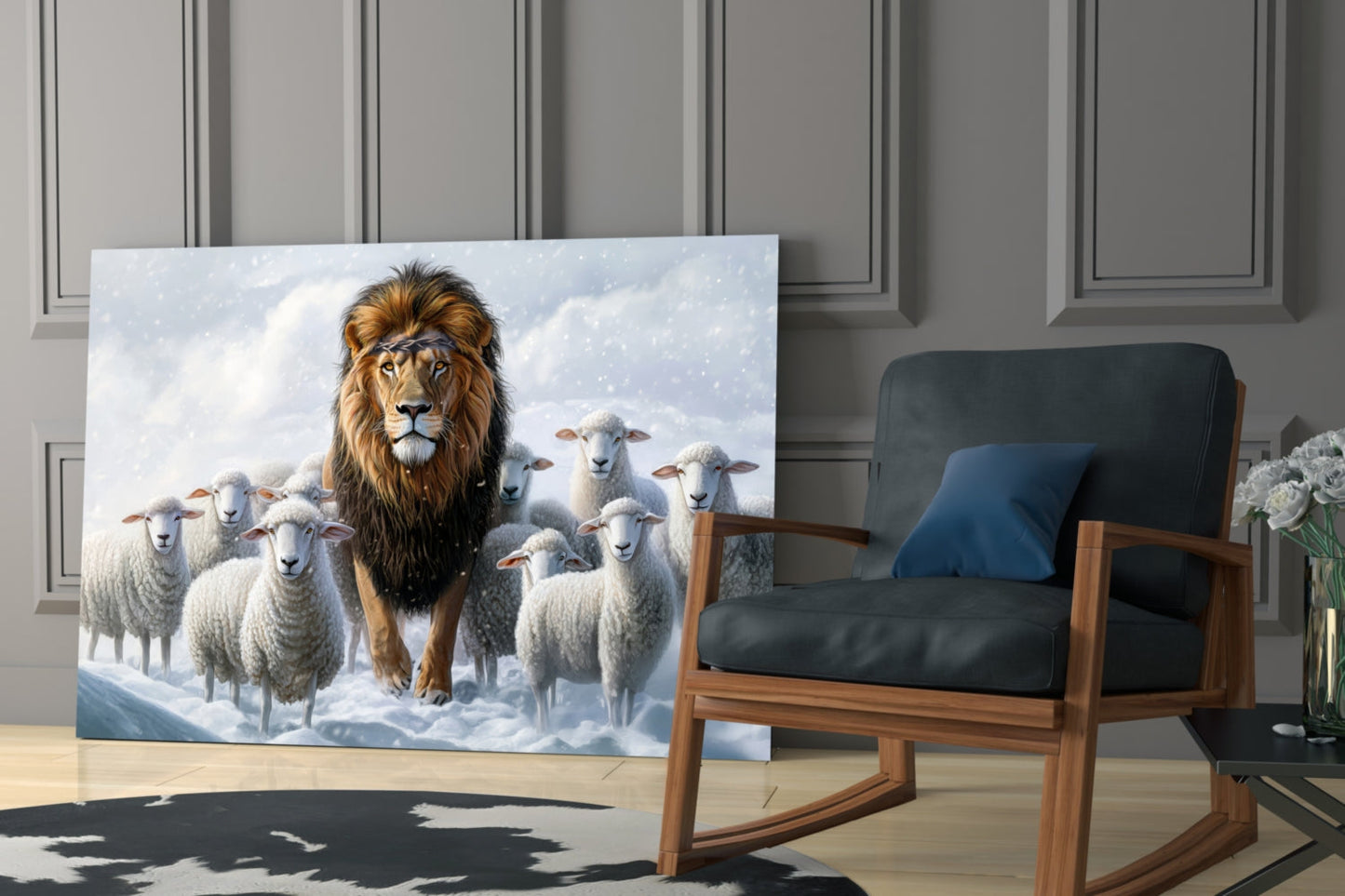 Lion and the Lambs Glass Wall Art