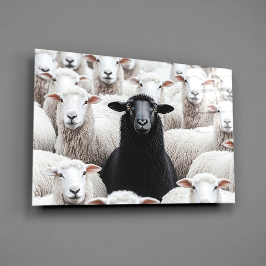 Black sheep in a white flock glass wall art on a gray wall, light reflecting off the glossy front