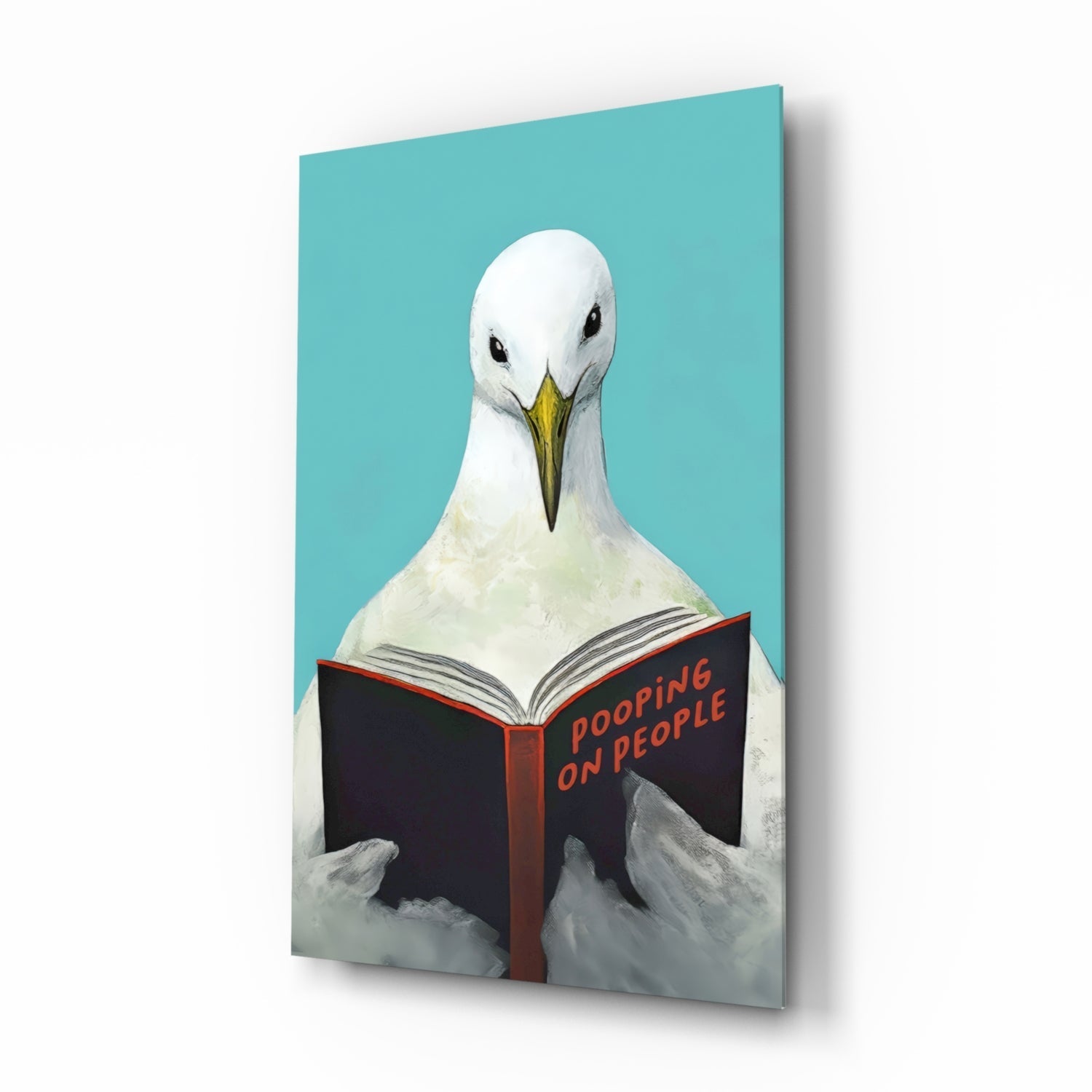 Wise seagull coastal humor glass wall art teal