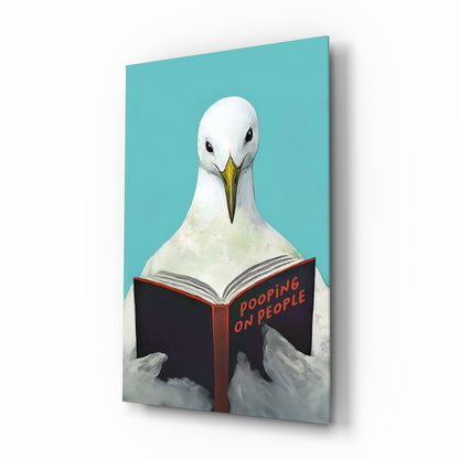 Wise seagull coastal humor glass wall art teal