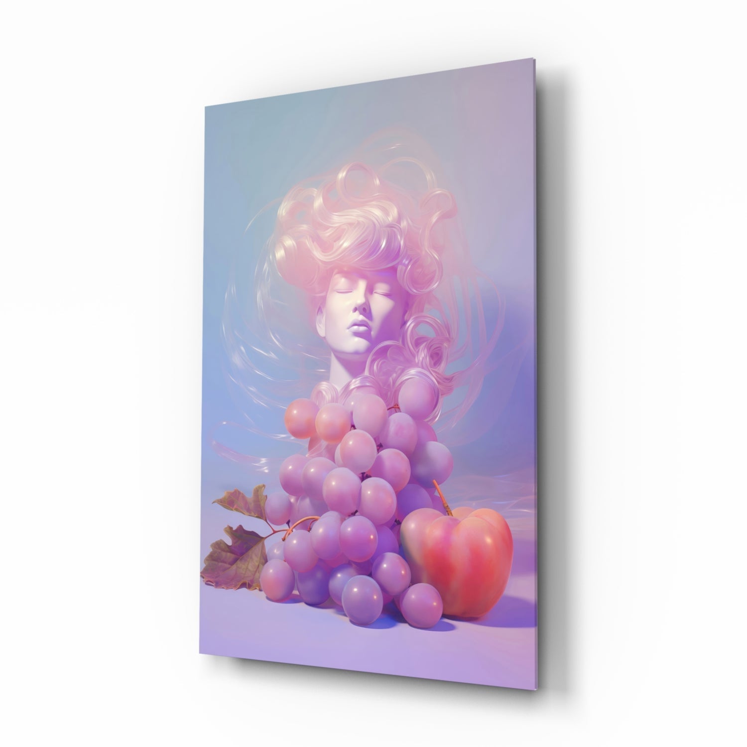 Grape Goddess glass wall art with lavender pastel still life