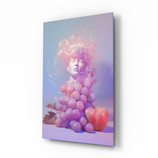 Grape Goddess glass wall art with lavender pastel still life