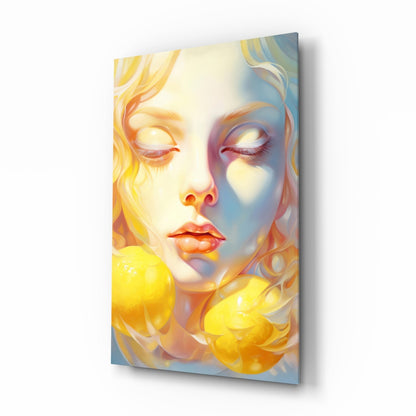 Lemony Dreams glass wall art with citrus pastel portrait