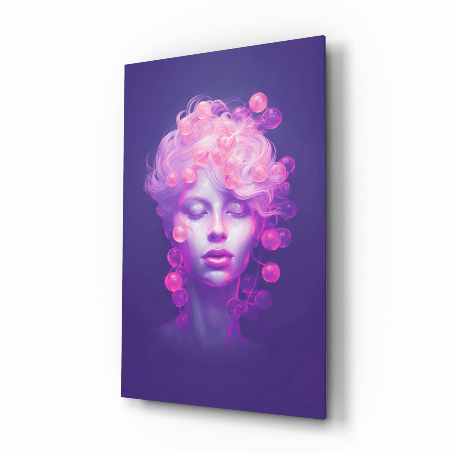 Pink Bubbles glass wall art, surreal bubblegum portrait