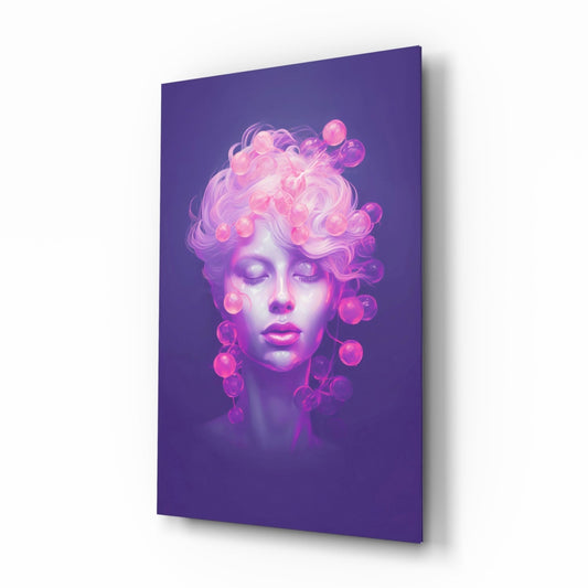 Pink Bubbles glass wall art, surreal bubblegum portrait