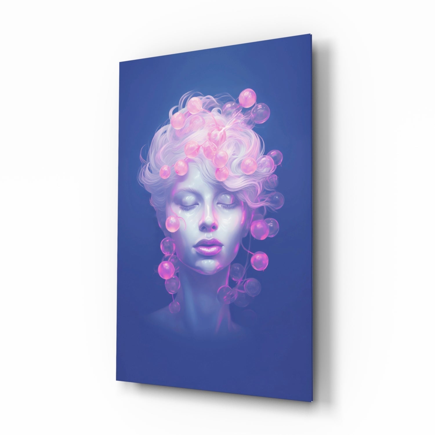 Pink Bubbles glass wall art with cobalt bubblegum portrait
