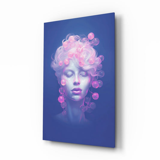 Pink Bubbles glass wall art with cobalt bubblegum portrait