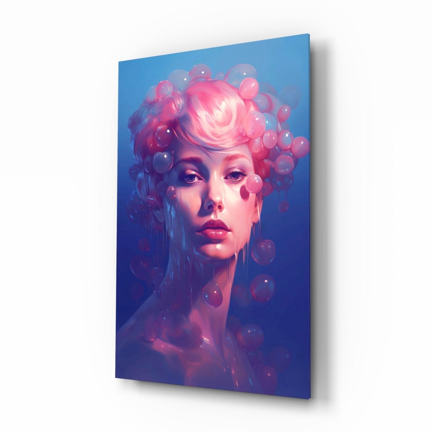 Pink Bubbles glass wall art with bubblegum-pink pastel portrait