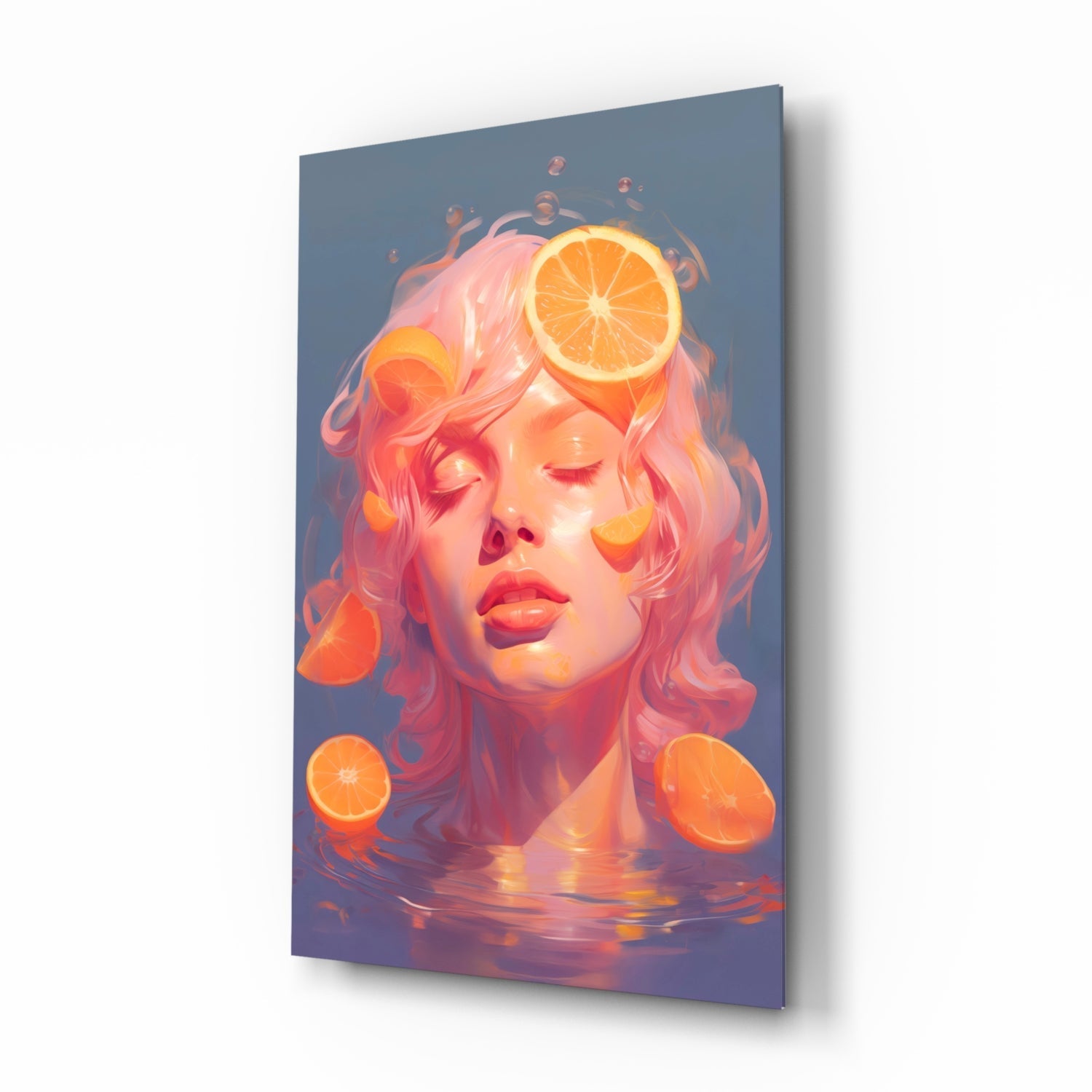 Orange Bubbles glass wall art, surreal citrus-water portrait