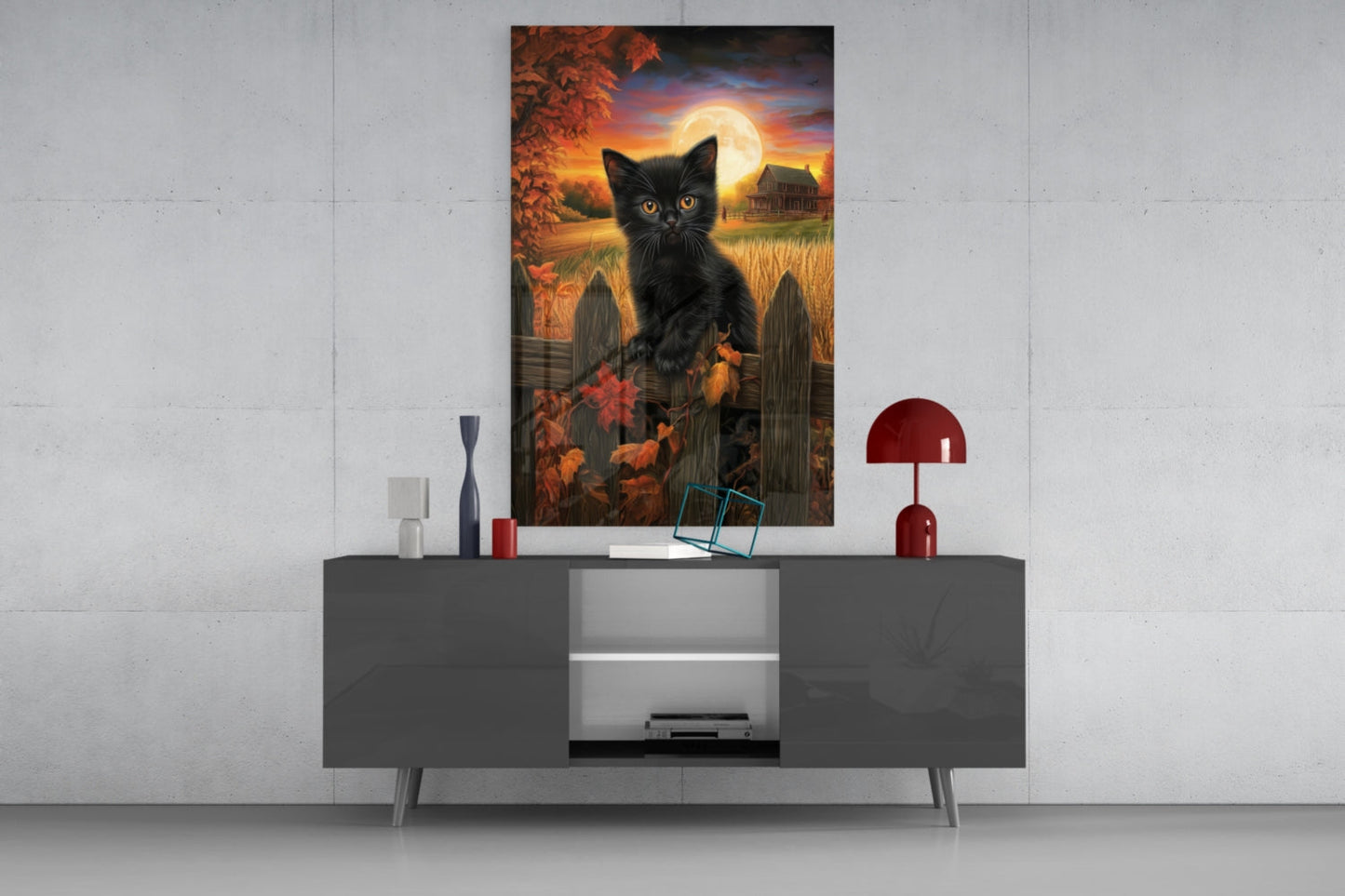 Autumn Cat Glass Wall Art Print