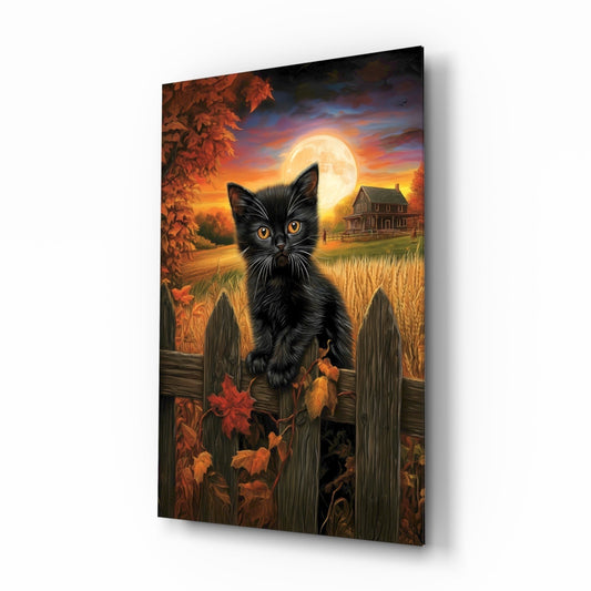 Autumn cat glass wall art print with a cat among fall foliage on tempered glass