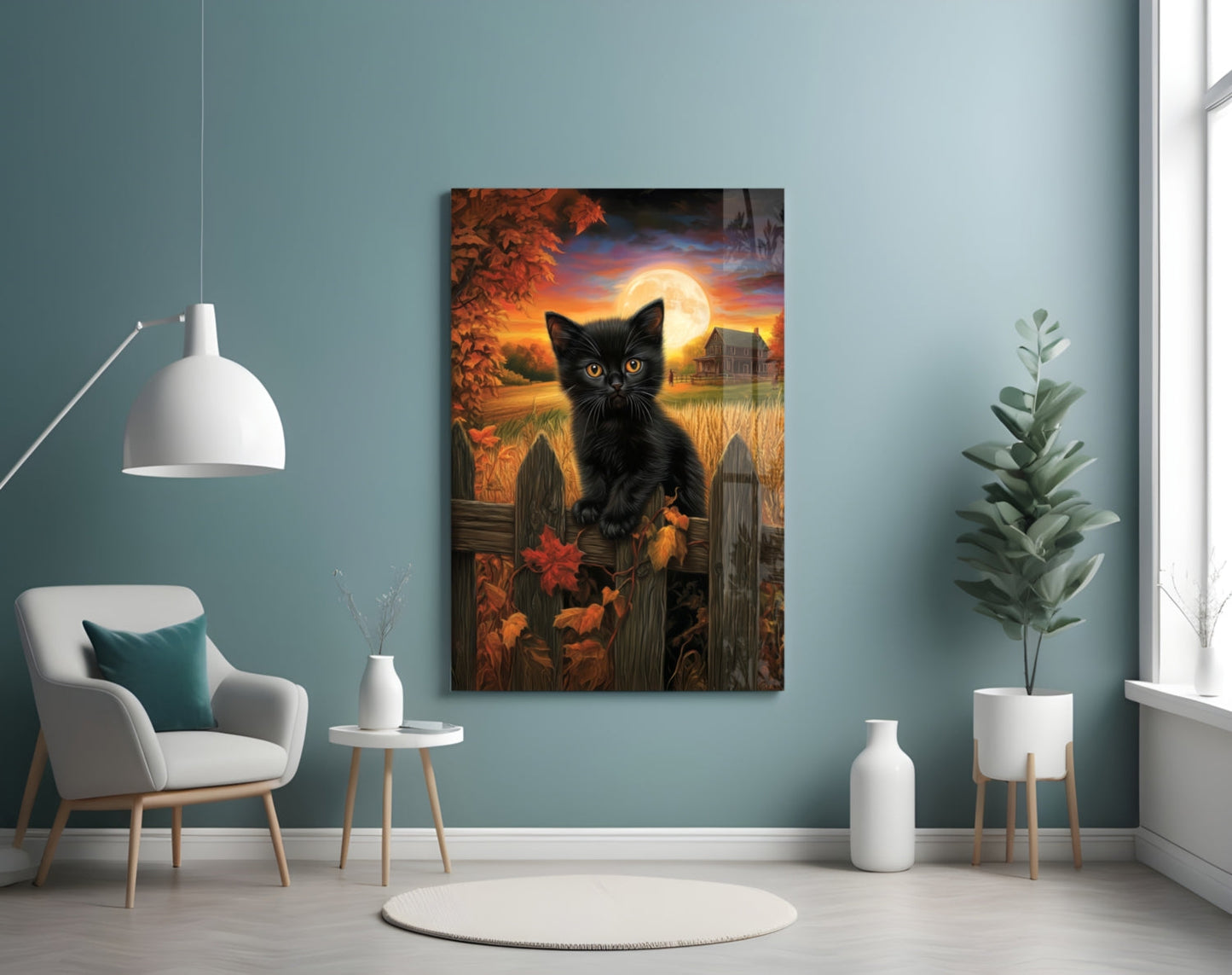 Autumn Cat Glass Wall Art Print