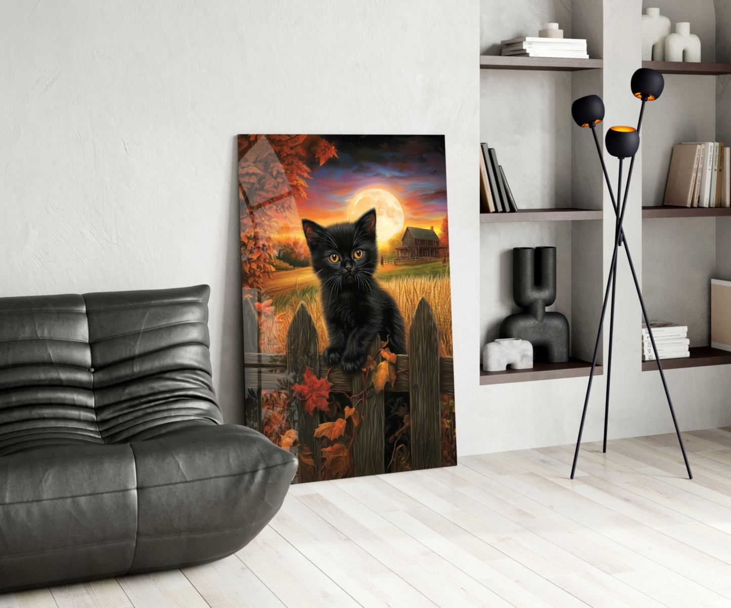 Autumn Cat Glass Wall Art Print