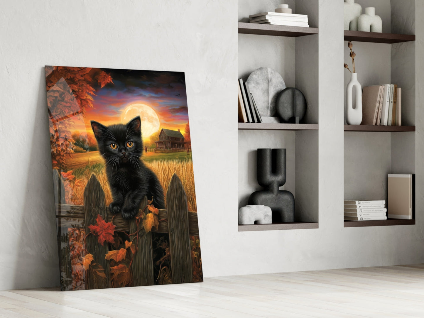 Autumn Cat Glass Wall Art Print
