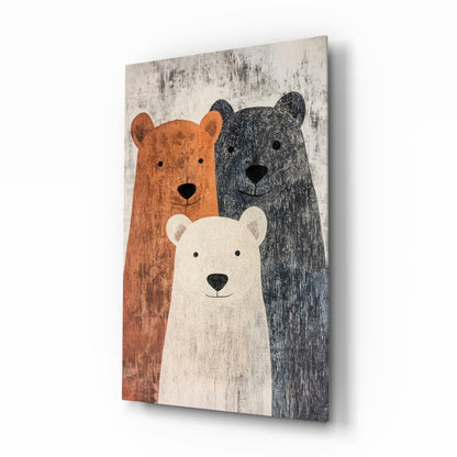 Bear Family glass wall art with storybook nursery bear trio