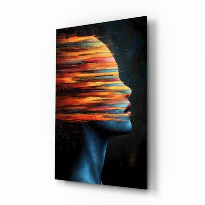 The Face of Colors glass wall art with palette-knife abstract portrait